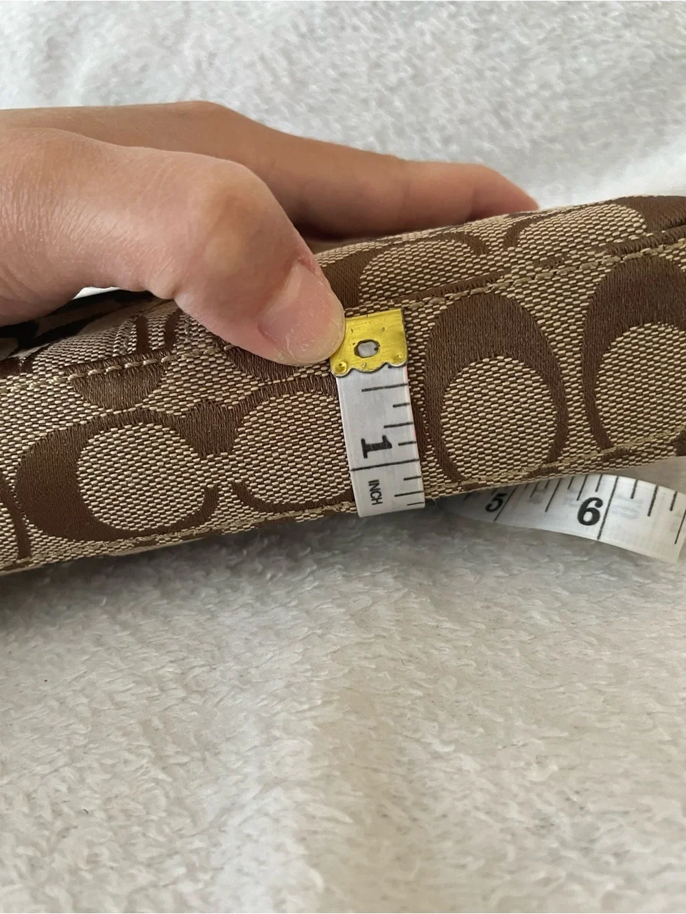 NWOT Coach Brown Signature Canvas Wristlet with Metallic Silver Trim